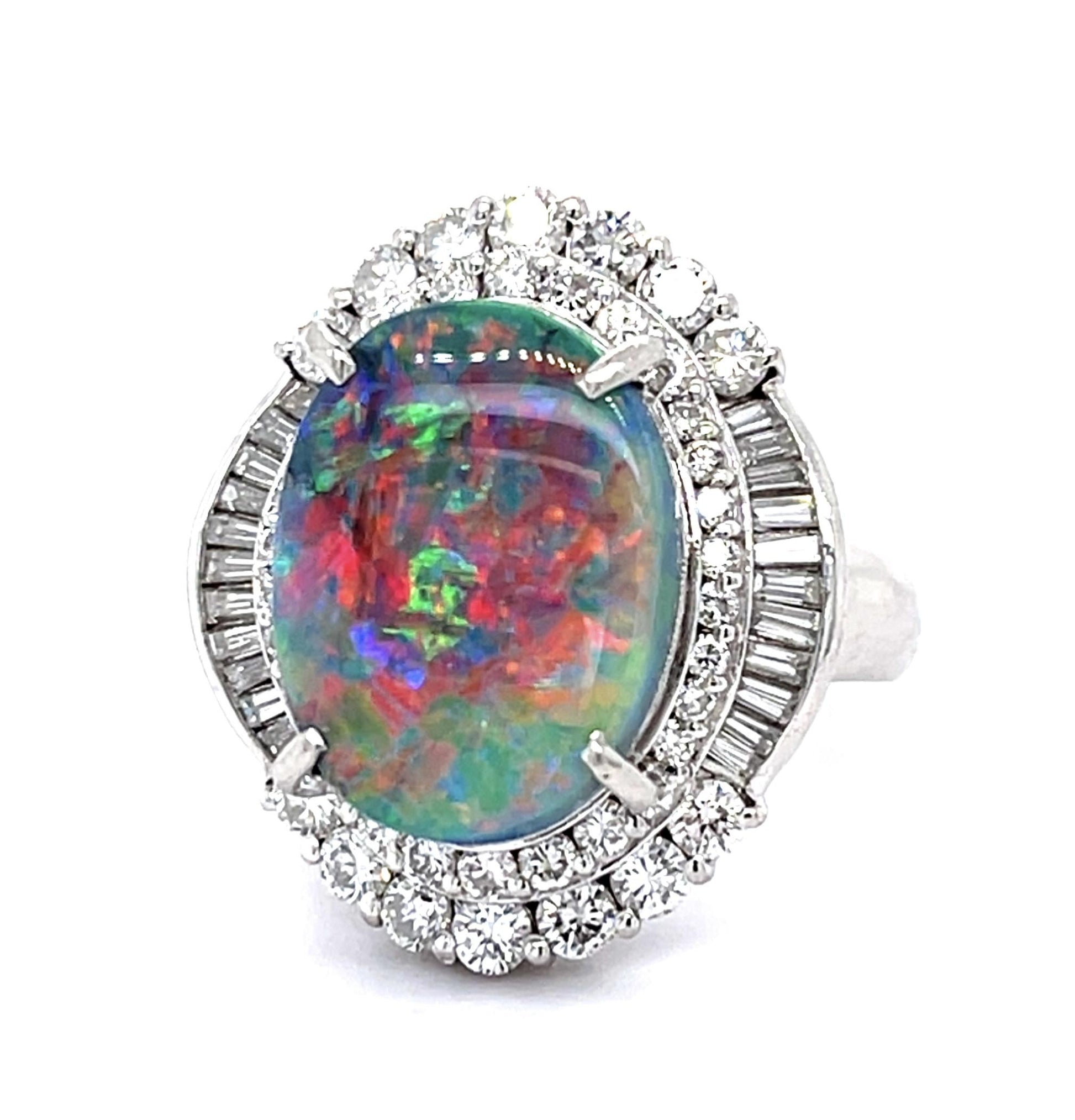 6.65ct Black Lightning Ridge Australian Opal 1.75ct Diamond Ballerina Ring
