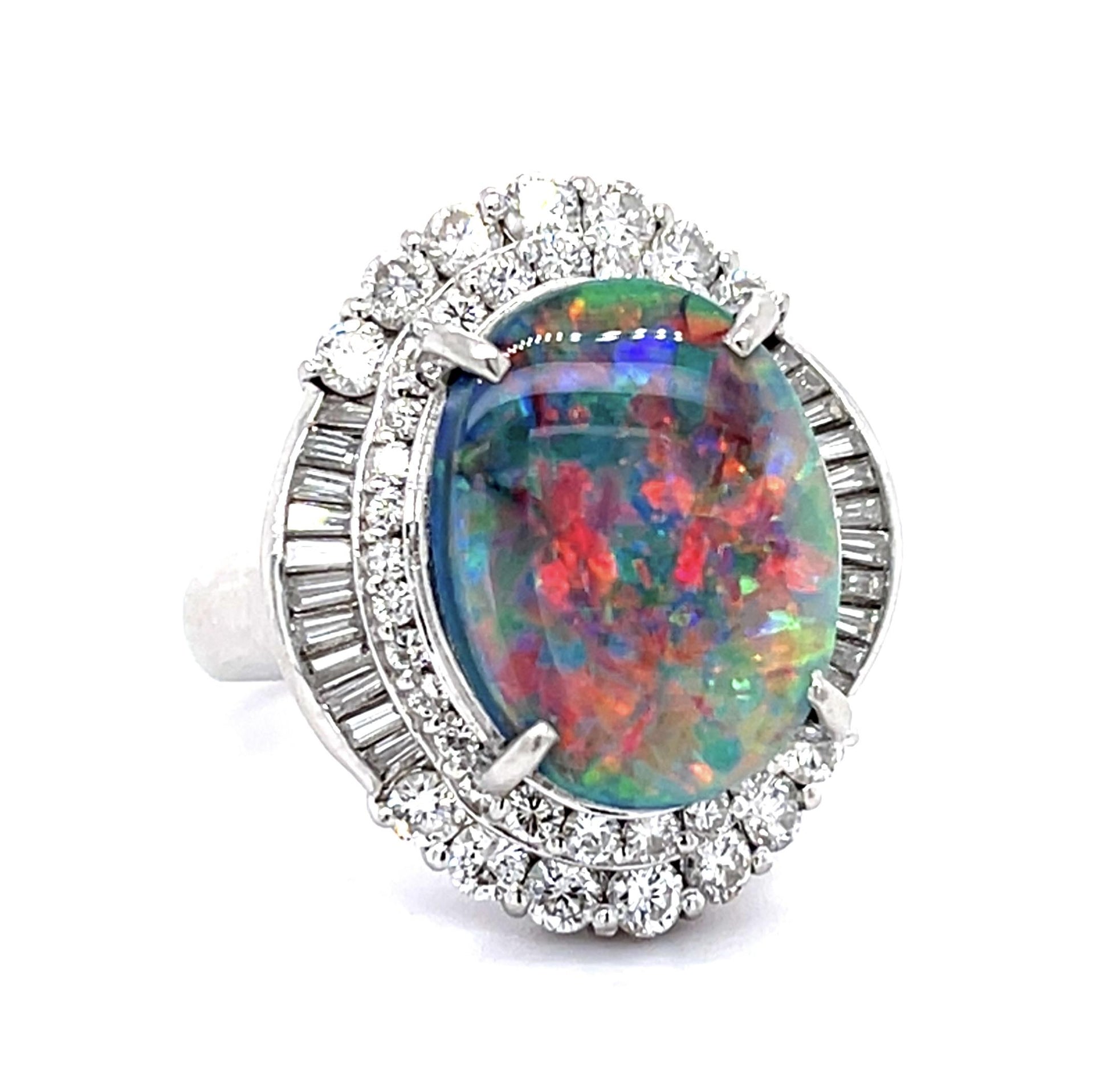 6.65ct Black Lightning Ridge Australian Opal 1.75ct Diamond Ballerina Ring
