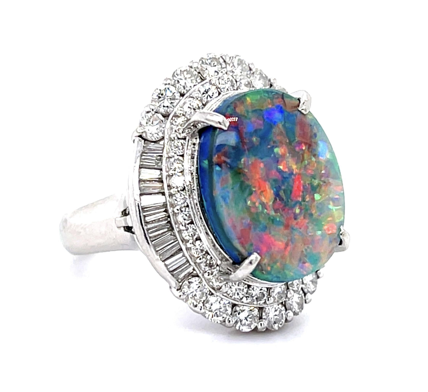 6.65ct Black Lightning Ridge Australian Opal 1.75ct Diamond Ballerina Ring