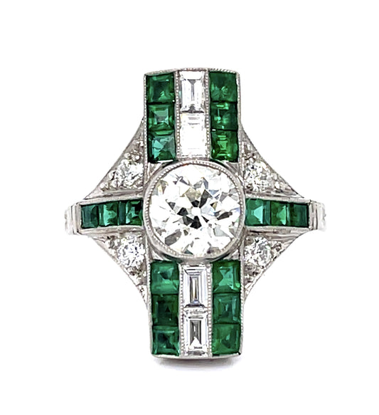 1.36ct Old European Center Diamond .80ct Emerald Platinum Handmade Ring .51ct SD