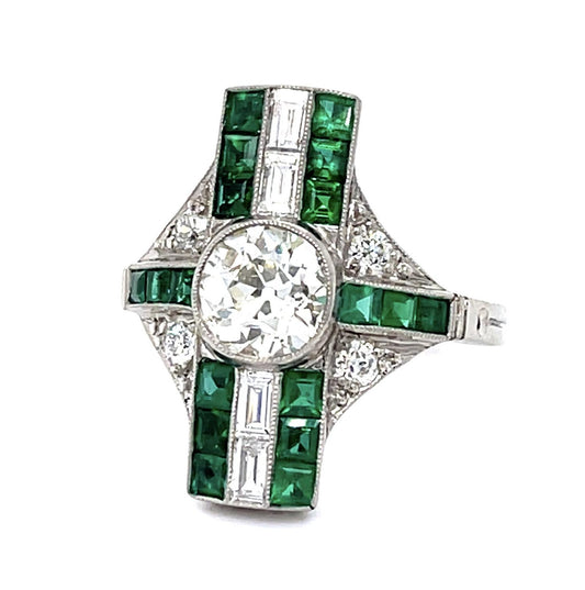 1.36ct Old European Center Diamond .80ct Emerald Platinum Handmade Ring .51ct SD