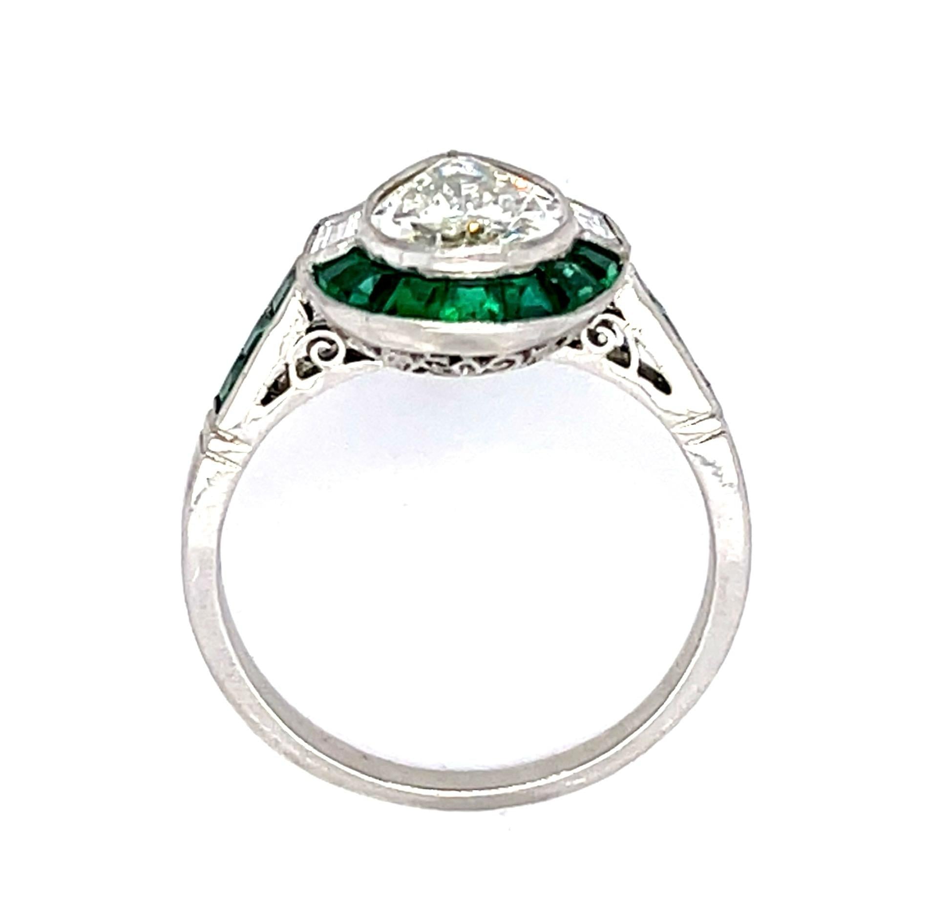 1.38ct Pear Diamond 1.22ct Emerald Platinum Handmade Ring .15ct Baguette Diamond