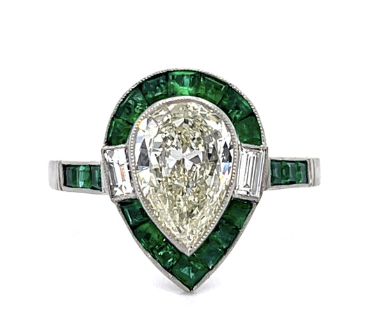 1.38ct Pear Diamond 1.22ct Emerald Platinum Handmade Ring .15ct Baguette Diamond