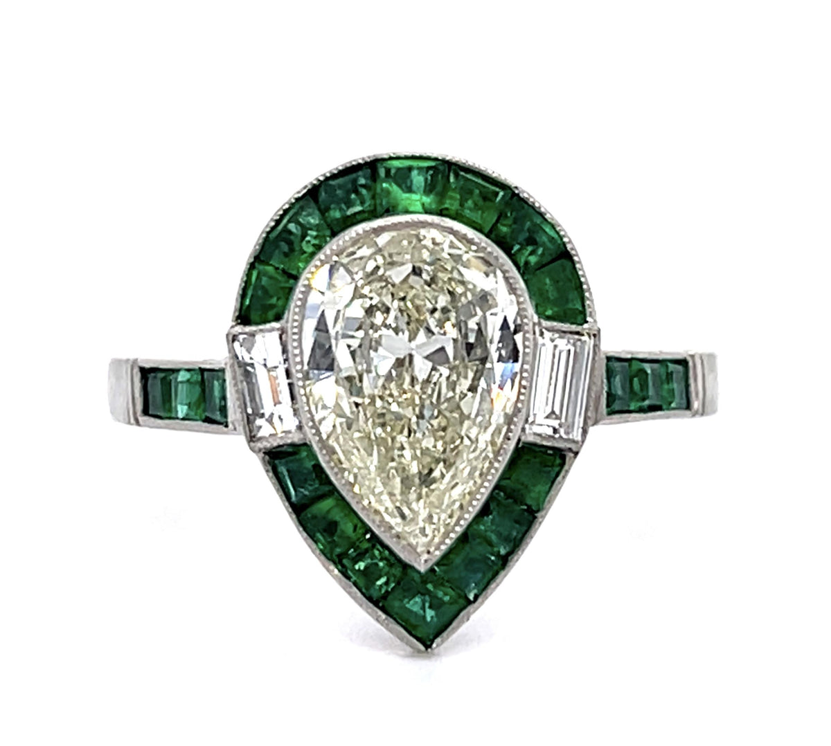 1.38ct Pear Diamond 1.22ct Emerald Platinum Handmade Ring .15ct Baguette Diamond