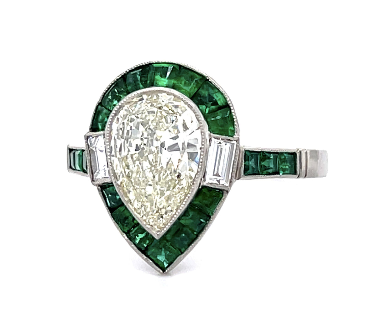 1.38ct Pear Diamond 1.22ct Emerald Platinum Handmade Ring .15ct Baguette Diamond