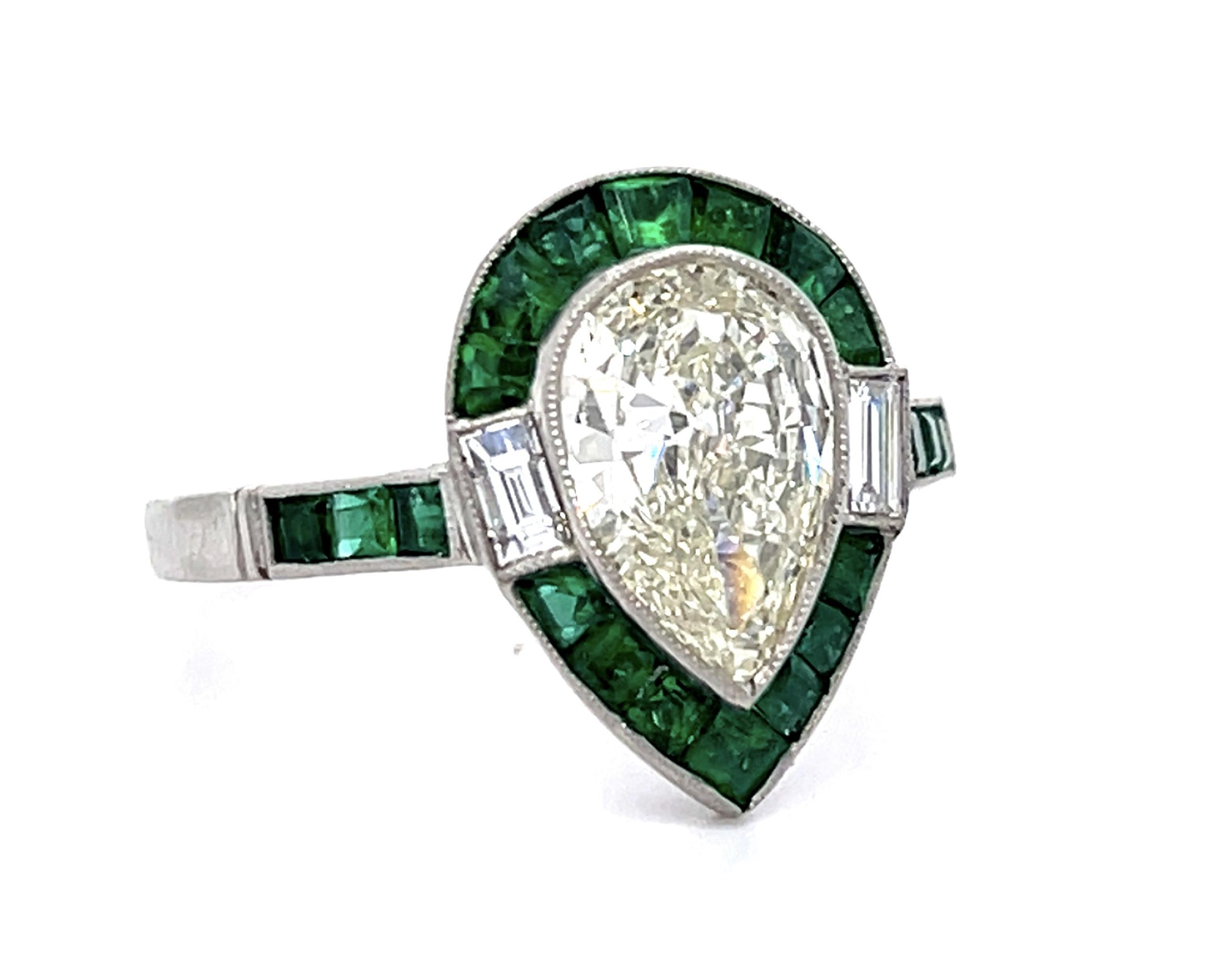1.38ct Pear Diamond 1.22ct Emerald Platinum Handmade Ring .15ct Baguette Diamond