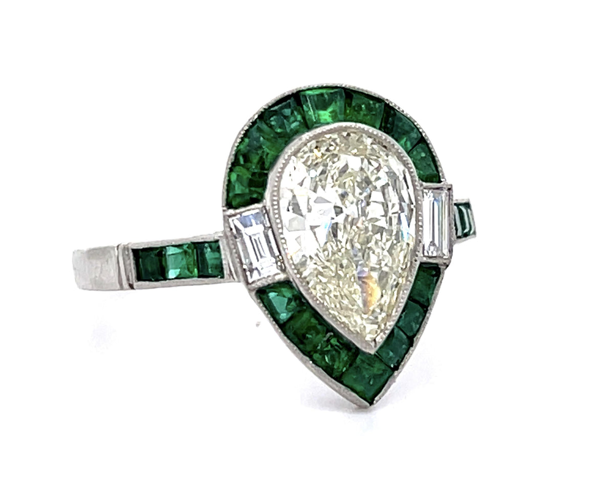 1.38ct Pear Diamond 1.22ct Emerald Platinum Handmade Ring .15ct Baguette Diamond