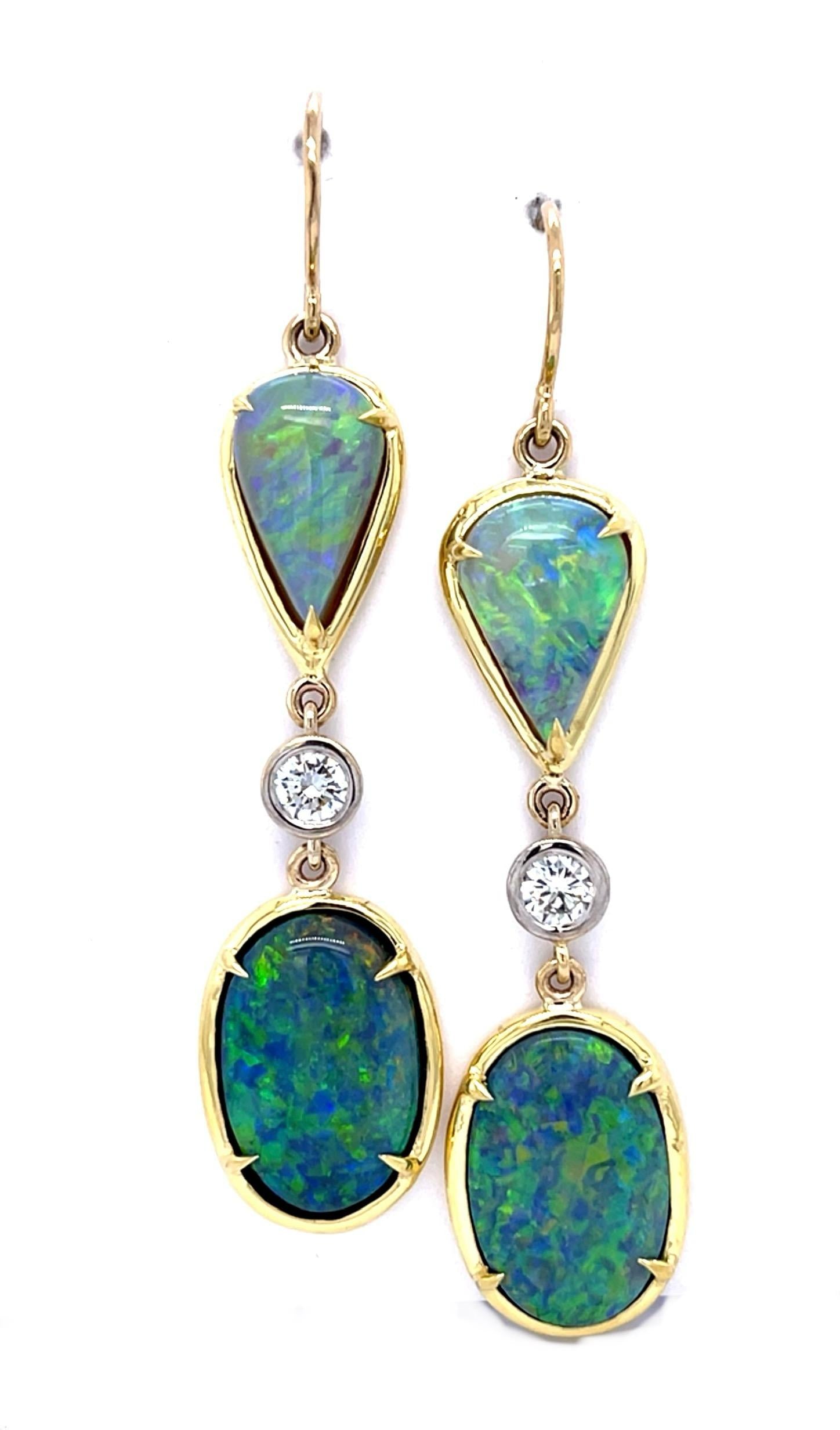 13.82ct Black Australian Lightning Ridge Opal .67ct Diamond 18KW+KY Drop Earring