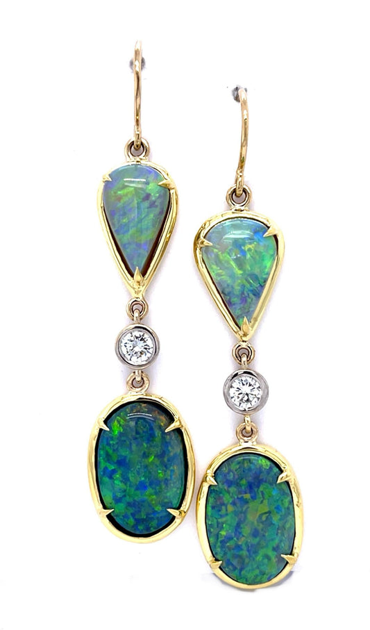 13.82ct Black Australian Lightning Ridge Opal .67ct Diamond 18KW+KY Drop Earring