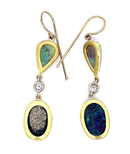 13.82ct Black Australian Lightning Ridge Opal .67ct Diamond 18KW+KY Drop Earring