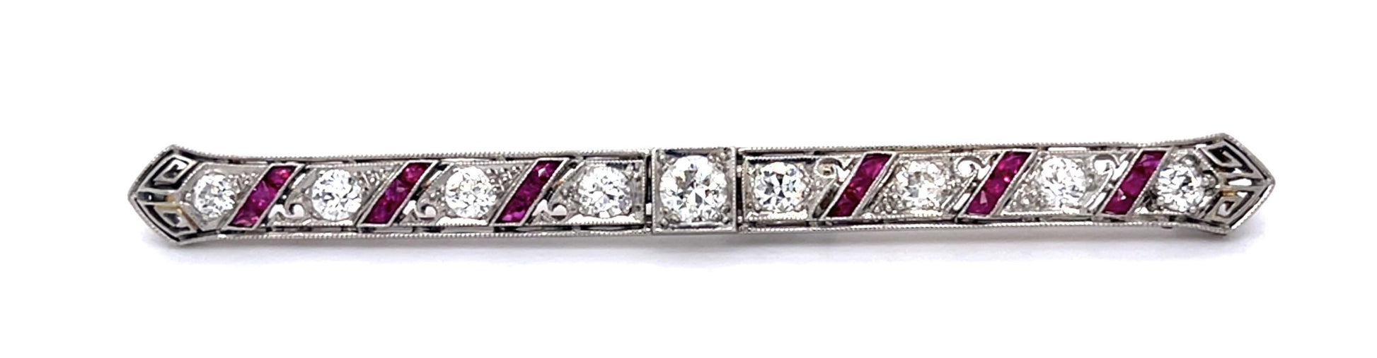 Original Art Deco 1.60ct Old European Diamond .66ct Ruby Platinum Brooch (1920s)
