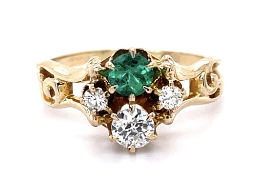 Original Victorian .28ct Old European Diamond .28ct Emerald 14KY Ring (1890s)