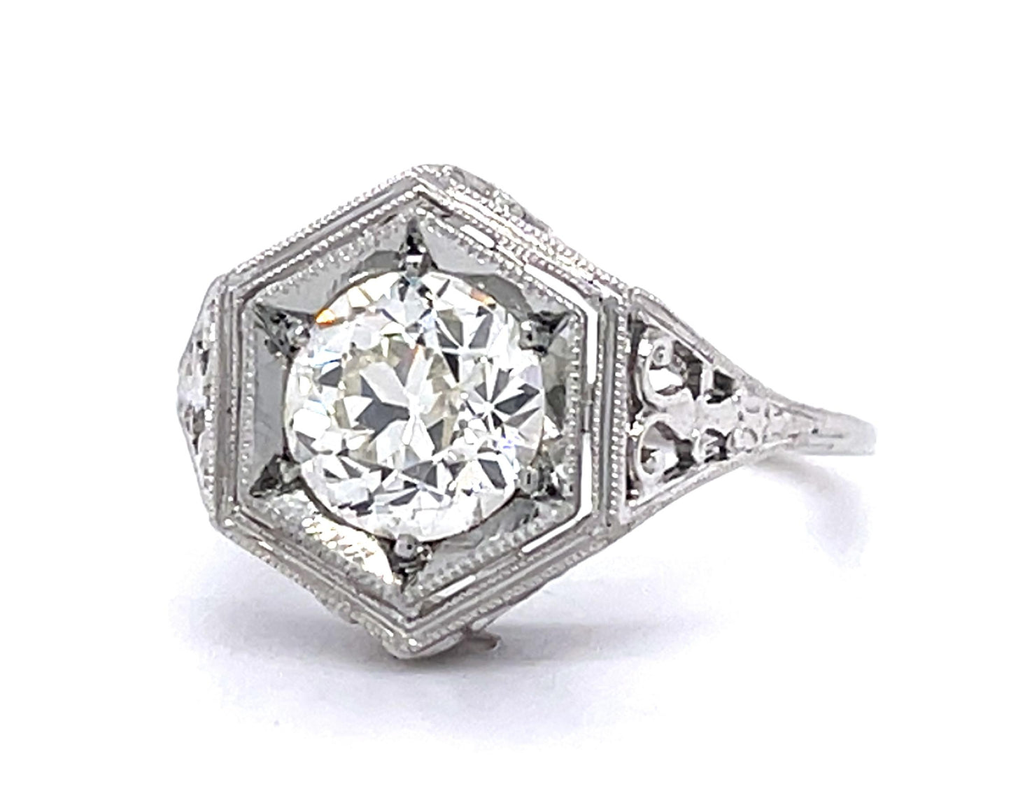 Art Deco 1.26ct J VS2 Old European Diamond 18KW Ring