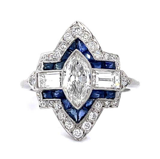 .62ct Antique Marquise Dia 1.28ct Sap PT Handmade Ring .59ct Baguette .35ct SD