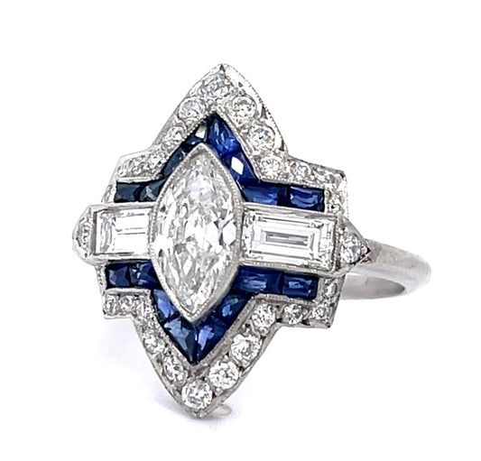 .62ct Antique Marquise Dia 1.28ct Sap PT Handmade Ring .59ct Baguette .35ct SD