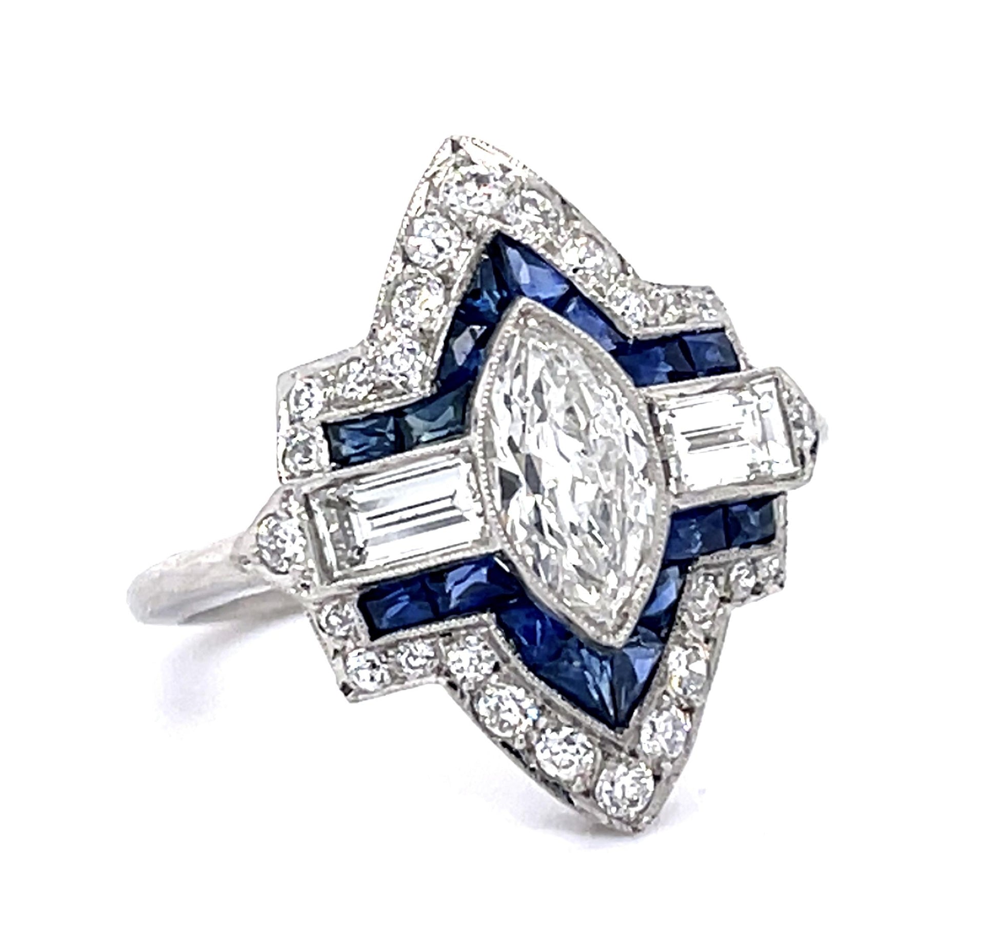 .62ct Antique Marquise Dia 1.28ct Sap PT Handmade Ring .59ct Baguette .35ct SD