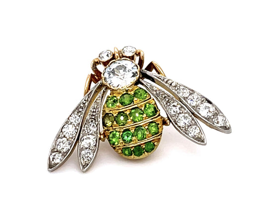 Edwardian .65ct Old Euro Dia .70ct Demantoid Garnet Platinum + 18KY Bee Brooch