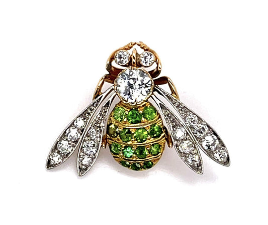 Edwardian .65ct Old Euro Dia .70ct Demantoid Garnet Platinum + 18KY Bee Brooch