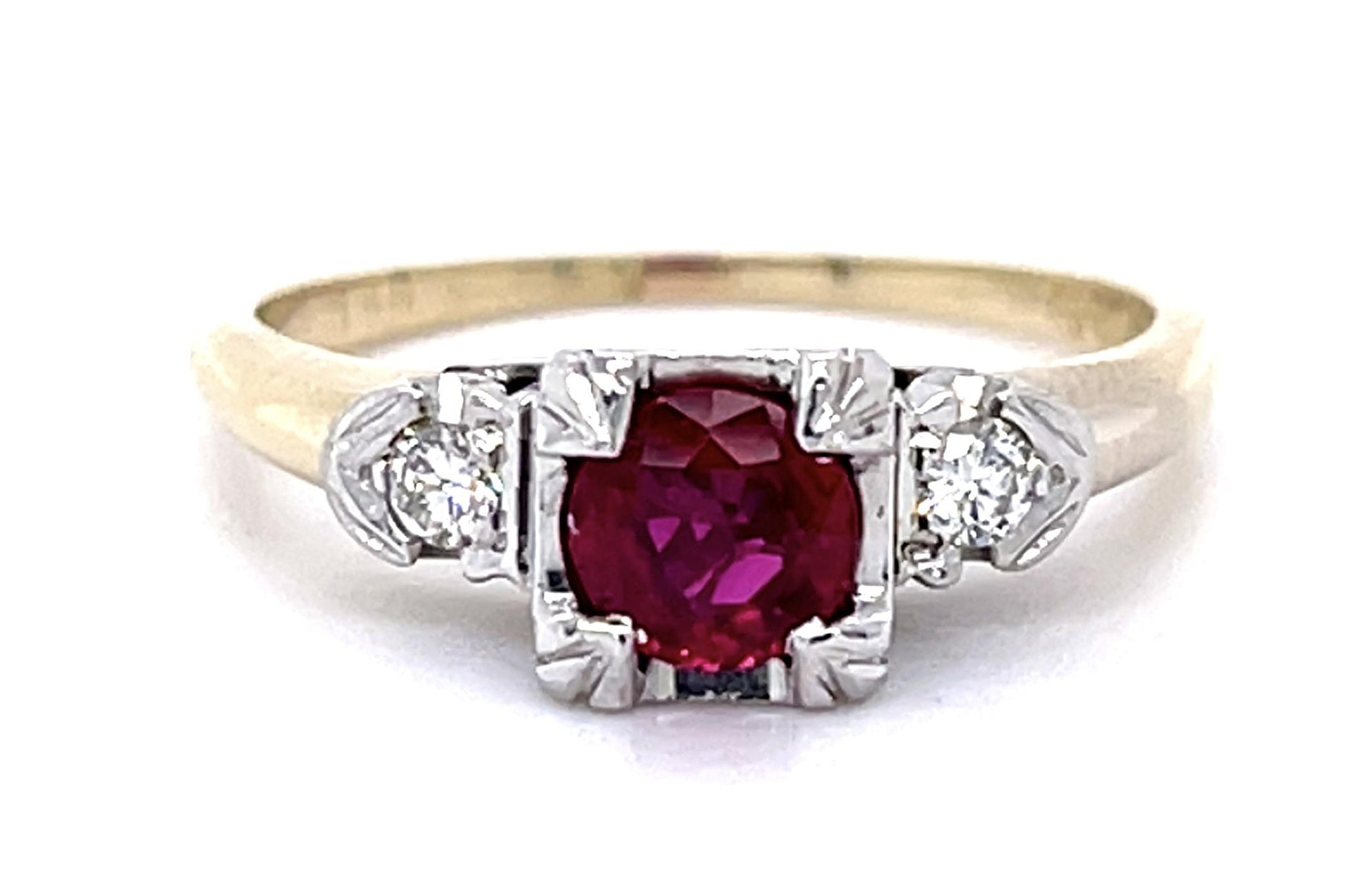 Art Deco .68ct Ruby .10ct Diamond 14K 2 Tone Ring (Vintage 1930s)