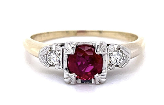 Art Deco .68ct Ruby .10ct Diamond 14K 2 Tone Ring (Vintage 1930s)