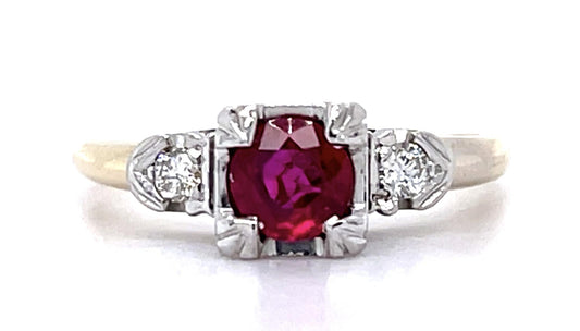 Art Deco .68ct Ruby .10ct Diamond 14K 2 Tone Ring (Vintage 1930s)