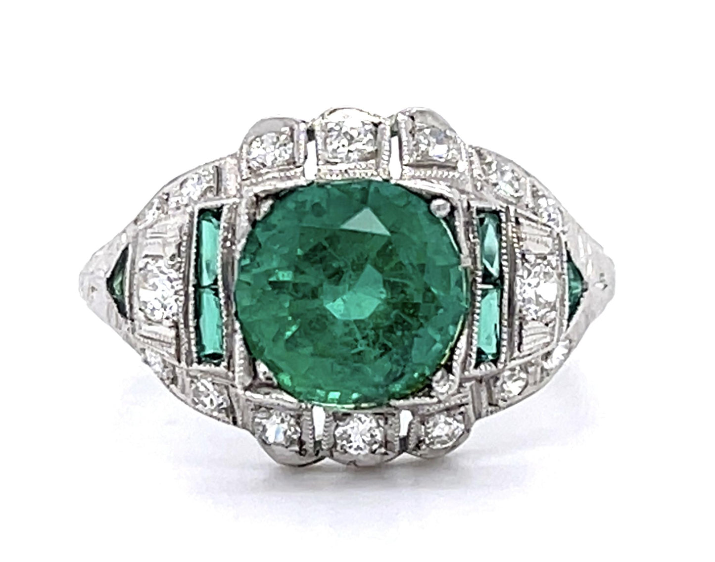 Art Deco 1.92ct Emerald Platinum Ring (Vintage 1920s) .48ct SD .46ct Side Eme
