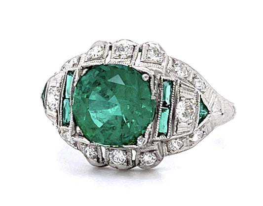 Art Deco 1.92ct Emerald Platinum Ring (Vintage 1920s) .48ct SD .46ct Side Eme