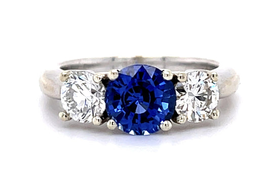 1.38ct Sapphire .42ct+.49ct F I1 Diamond 18KW Three Stone Ring