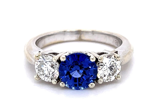 1.38ct Sapphire .42ct+.49ct F I1 Diamond 18KW Three Stone Ring