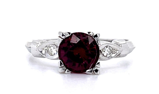 1.41ct Garnet .10ct Diamond 14KW Ring (Vintage 1950s)