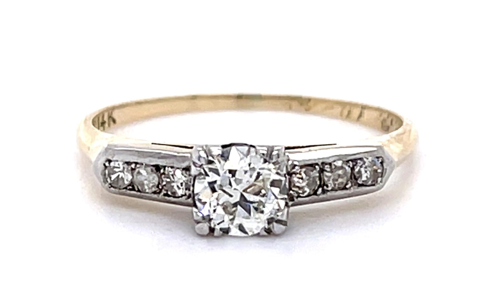 .34ct Old European Diamond Center 14K 2 Tone Ring (Vintage 1940s) .12ct SD