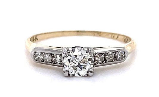 .34ct Old European Diamond Center 14K 2 Tone Ring (Vintage 1940s) .12ct SD