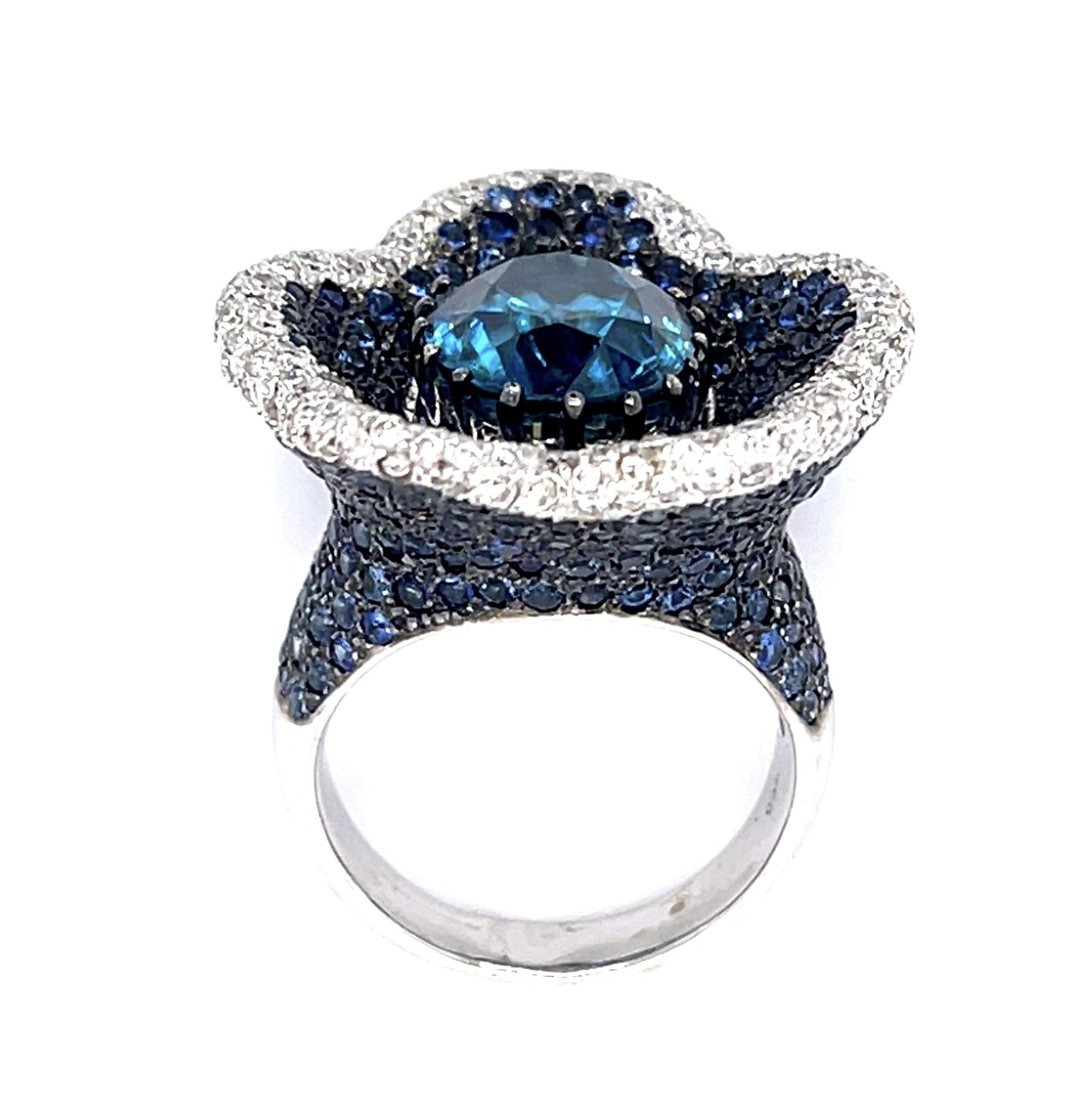 9ct Blue Green Zircon 18KW Ring 6.50ct Sapphires 1.30ct Diamonds 18.4g