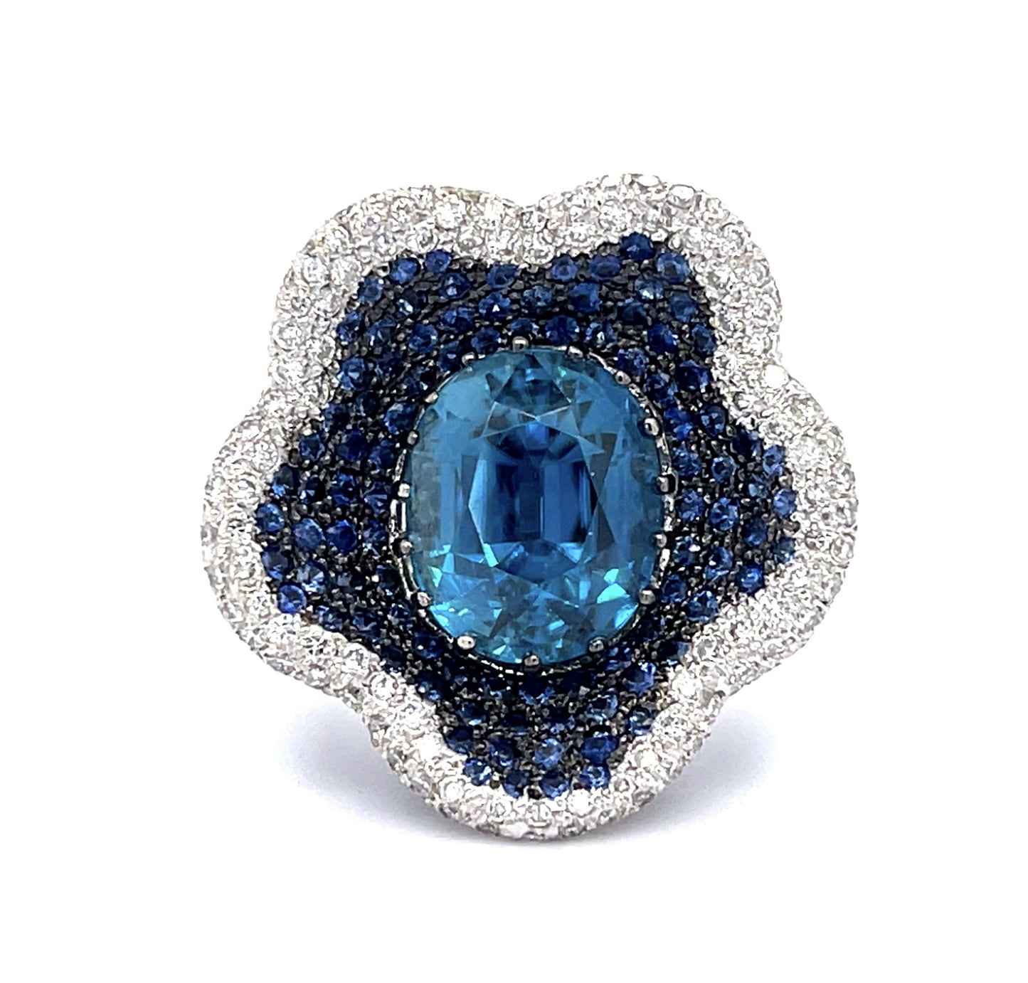 9ct Blue Green Zircon 18KW Ring 6.50ct Sapphires 1.30ct Diamonds 18.4g