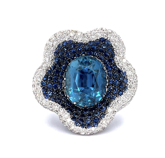 9ct Blue Green Zircon 18KW Ring 6.50ct Sapphires 1.30ct Diamonds 18.4g