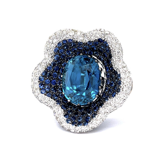 9ct Blue Green Zircon 18KW Ring 6.50ct Sapphires 1.30ct Diamonds 18.4g