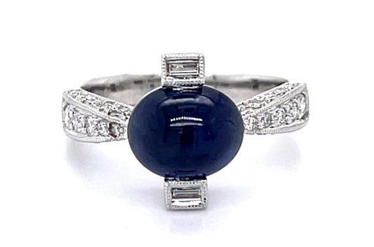 3.47ct Cabochon Sapphire .50ct Diamond 18KW Ring