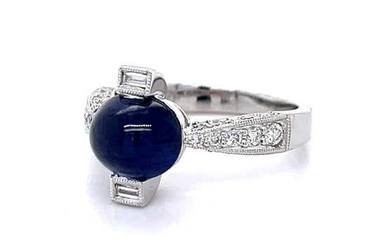 3.47ct Cabochon Sapphire .50ct Diamond 18KW Ring