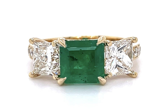 1.74ct Colombian (No Cert) 1.99ct Princess Dia 14KY Three Stone Ring .29ct SD