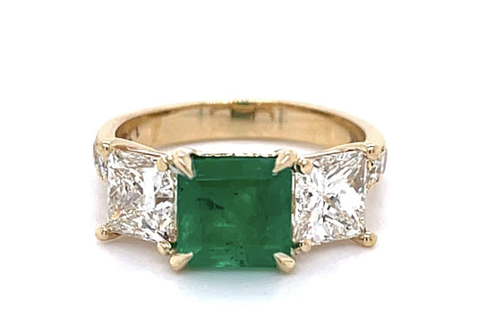1.74ct Colombian (No Cert) 1.99ct Princess Dia 14KY Three Stone Ring .29ct SD