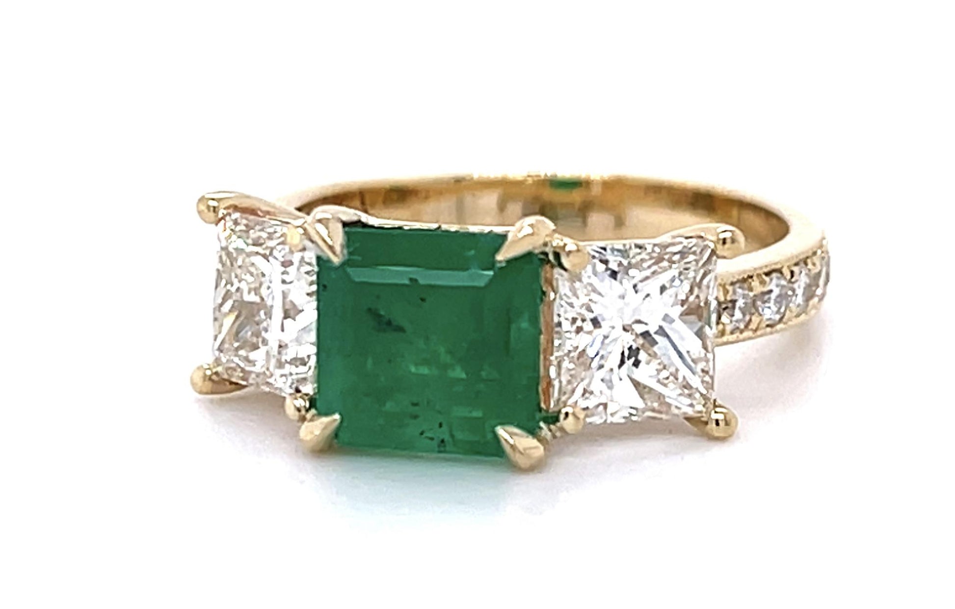 1.74ct Colombian (No Cert) 1.99ct Princess Dia 14KY Three Stone Ring .29ct SD