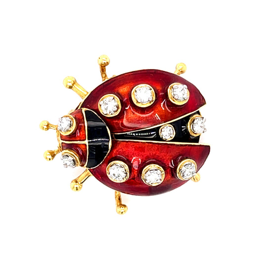 .75ct Diamond + Enamel 18KY Ladybug Brooch