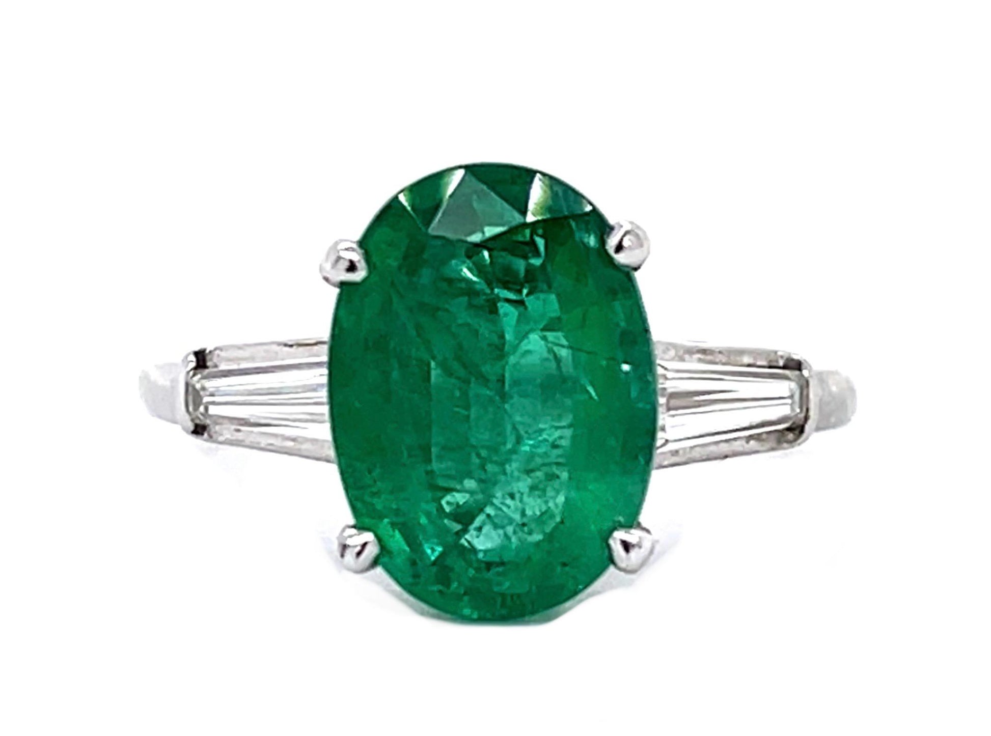 3.18ct Oval Emerald .48ct Tapered Baguette Diamond Platinum Ring