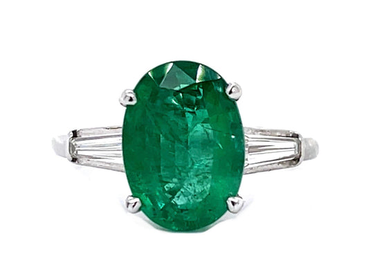 3.18ct Oval Emerald .48ct Tapered Baguette Diamond Platinum Ring
