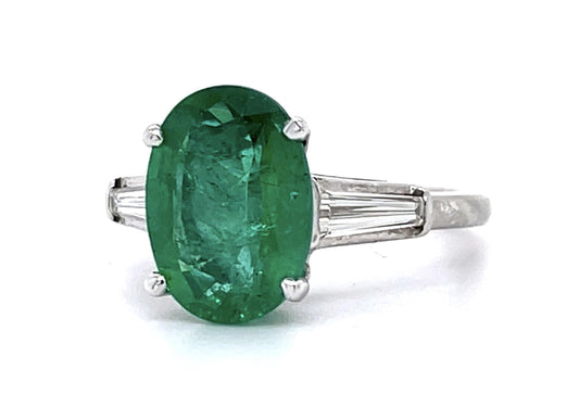 3.18ct Oval Emerald .48ct Tapered Baguette Diamond Platinum Ring