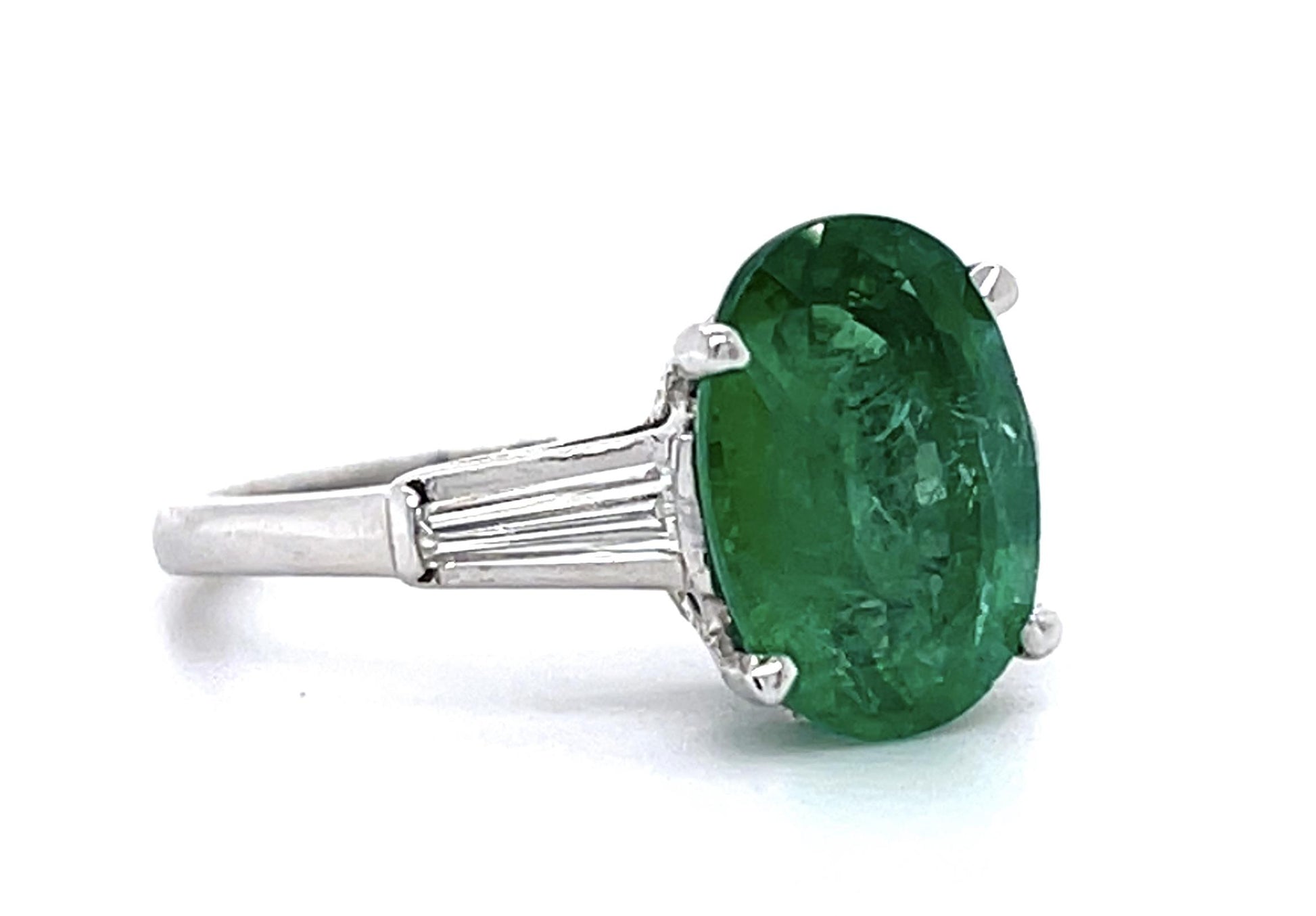3.18ct Oval Emerald .48ct Tapered Baguette Diamond Platinum Ring