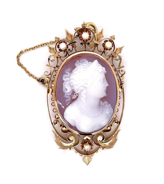 Victorian Agate Cameo 18KY Pendant Brooch (Antique 1870s)