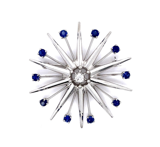 0.18ct Diamond & 1.50ctw Sapphire PT 16.20gr Brooch Circa 1950s