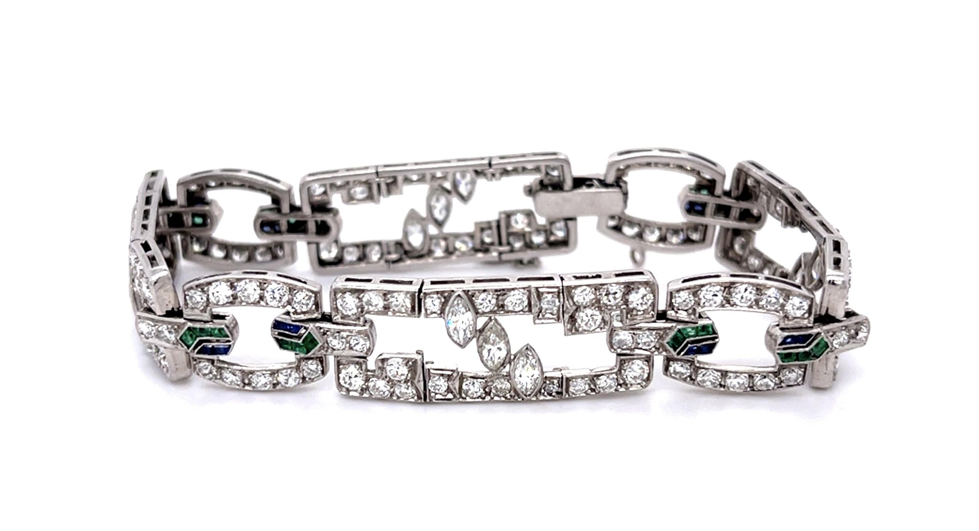 Art Deco 8ct Diamond Sapphire + Emerald Platinum Bracelet 29g 7.25"