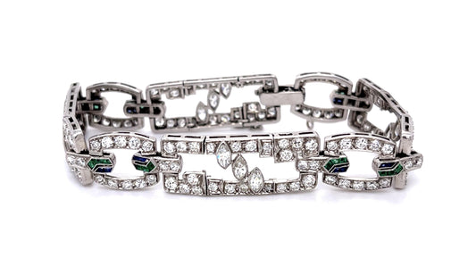 Art Deco 8ct Diamond Sapphire + Emerald Platinum Bracelet 29g 7.25"